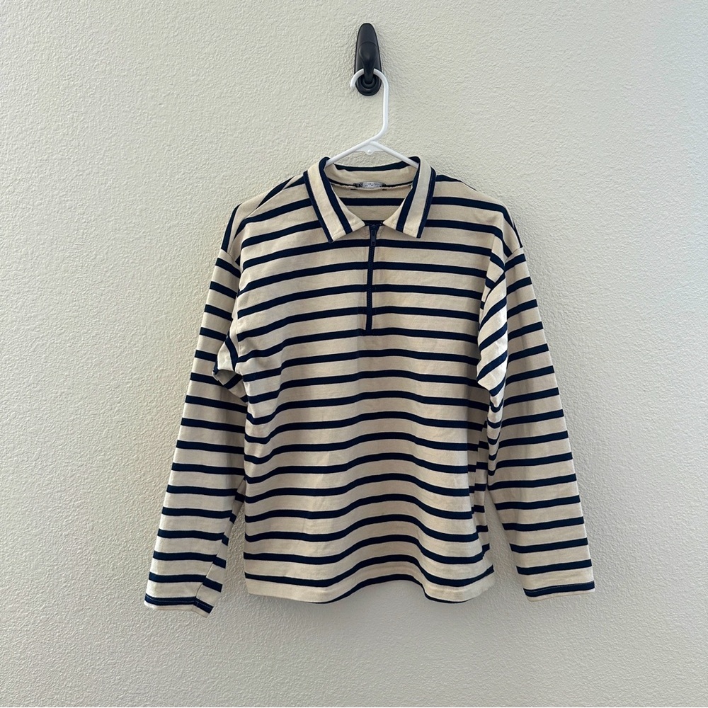 ZARA Long Sleeve Striped Rugby Polo - Quarter Zip Minimalist Preppy - L